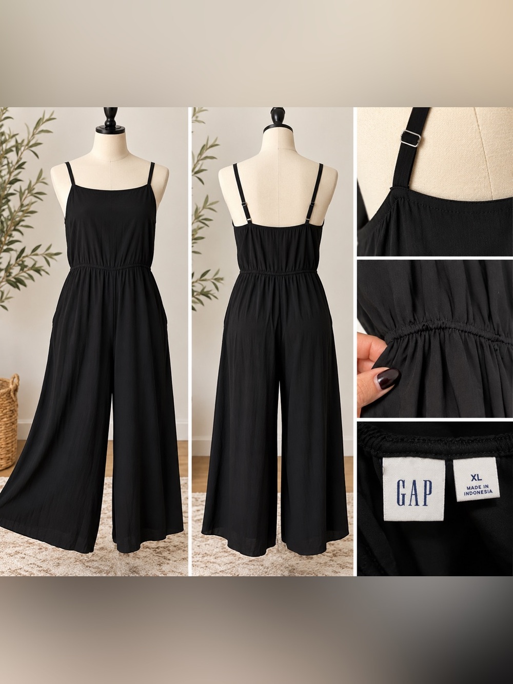 GAP Black Wide-Leg Adjustable-Strap Jumpsuit